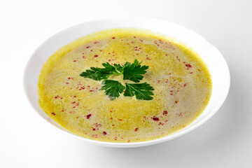 Pea soup.  A dish for delivery, or an online store. Isolated on a white background.