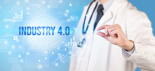 Doctor giving a pill with INDUSTRY 4.0 inscription, new technology solution concept