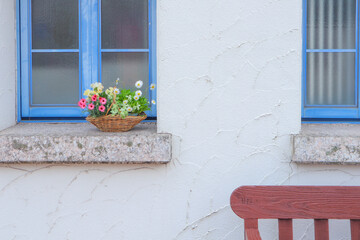 窓と花かごの街角