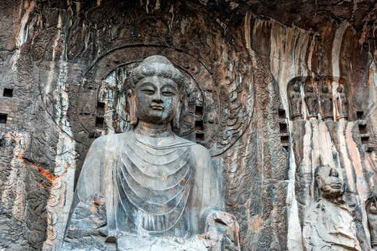 Chinese Buddhist monument Longmen Grottoes (Dragon's Gate Grottoes, Longmen Caves) on Yi river