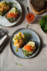 Smorrebrod dinner. Traditional Danish open rye bread sandwiches with smoked salmon and caviar and shrimps and egg, both with microgreens served on ceramic plates on linen tablecloth.