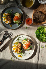 Smorrebrod dinner. Traditional Danish open rye bread sandwiches with smoked salmon and caviar and shrimps and egg, both with microgreens served on ceramic plates on linen tablecloth.