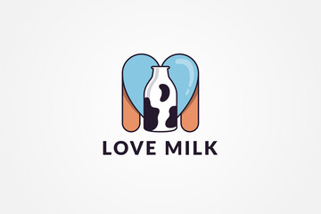 love milk logo design template. this logo combination of three object are love in blue, letter m in brown and bottle of milk in white. 