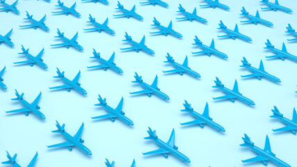 Blue pattern planes in the blue background. Perspective view. Minimal isometric. Aircraft travel concept. Geometric shape in pastel colors. 3d rendering
