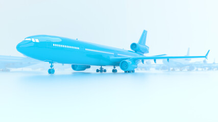 Blue plane on the white runway. Minimal concept. Aircraft travel minimal concept. Many planes in the background in depth of field. Empty mock up geometric shape in pastel colors. 3d rendering