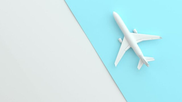 4K White plane on the blue runway. Top view and white background. Minimal idea concept. Aircraft travel concept. Arrival and departure. Empty mock up geometric shape in pastel colors. 3d animation