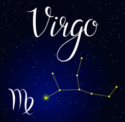 Fototapeta na wymiar Vector hand drawn illustration of Virgo with lettering Astrology latin names, Horoscope Constellation and Zodiac sign on space background. Calligraphic inscription.