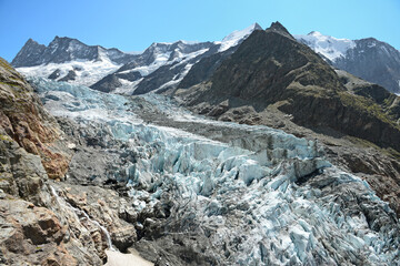 Gigantic ice cracks in the Lower Grindelwald glacier on the way to the Schreckhorn cabin.