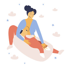 Breastfeeding position. Mother feeds baby with breast. Comfortable pose. Flat design vector illustration of breastfeeding concept. Colorful cartoon character mother feeding baby.

