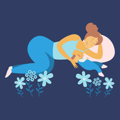 Breastfeeding position. Mother feeds baby with breast. Comfortable pose. Flat design vector illustration of breastfeeding concept. Colorful cartoon character mother feeding baby.

