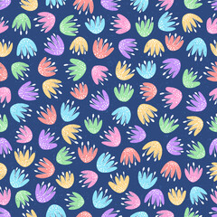 Hand drawn seamless pattern with cute flowers. Colorful floral illustrations with texture on deep blue background for wrapping paper, wallpapers, fabric and any type of printed products.