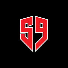 Modern Monogram S, 9, S9 or S&9 logo letters, simple, sporty, shield shape, red with white outline on a black background