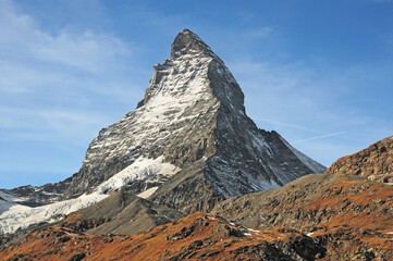 View of the Matterhorn from the Schwarzsee in autumn.