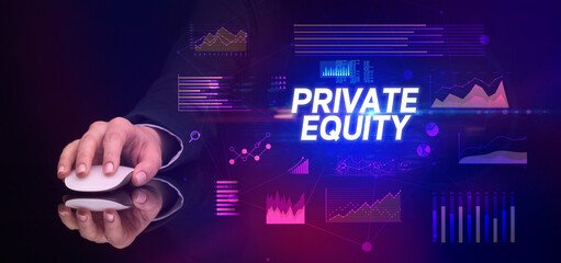 hand holding wireless peripheral with PRIVATE EQUITY inscription, cyber business concept