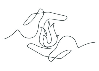 Continuous line drawing of flame. The fire between two human hands means life and care. Vector illustration