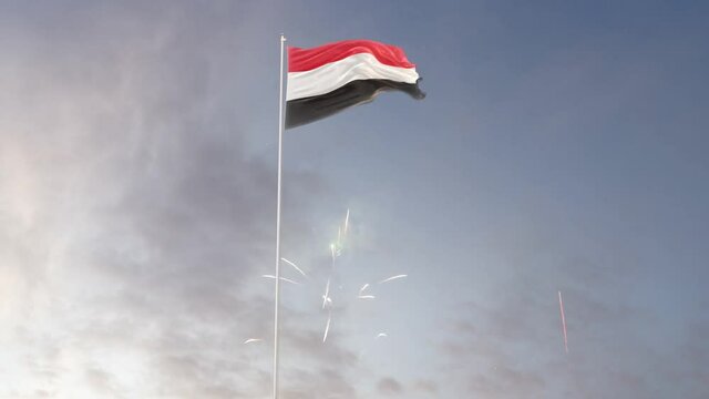 Yemen Flag With Fireworks Background With Different Angle Of Movement  -3D rendering 