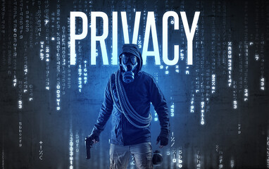 Faceless hacker with PRIVACY inscription, hacking concept