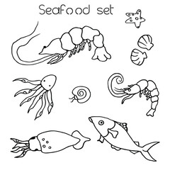 Vector hand drawn seafood outlined icons.