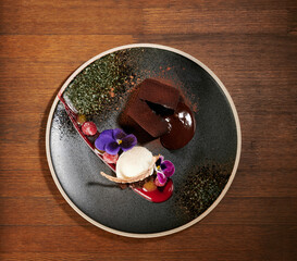 Tasty brownie and ice cream dessert