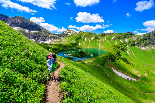 Lake Schrecksee - A beautiful turquoise alpine lake in the Allgaeu alps near Hinterstein, hiking destination in Bavaria, Germany