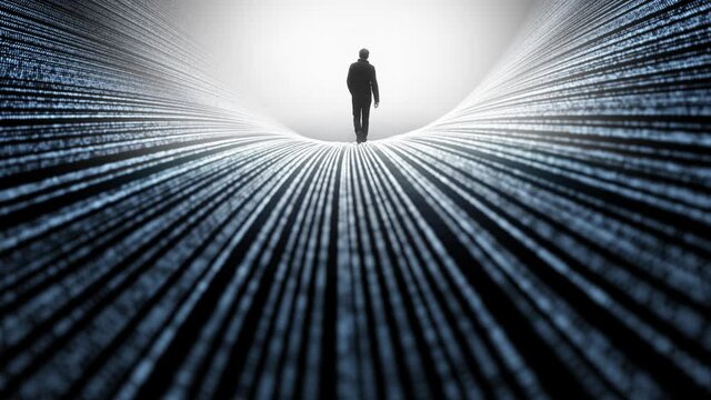 Futuristic walking of a man on artistic digital curved cyberspace road. Conceptual technology business animation with a people.
