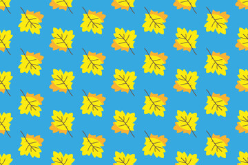Maple leaves on a blue background, geometric seamless pattern. Autumn background.