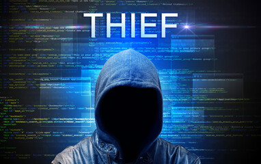 Faceless hacker with THIEF inscription on a binary code background