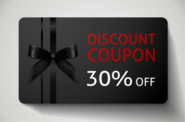 Discount card with bow (ribbon) and sale text: 30% off on black background. Template useful for any promotion design, shopping  sale card (loyalty card), voucher or gift card