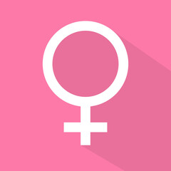 Obraz premium Vector woman gender icon in flat style. Long Shadow. White symbol isolated on pink background.