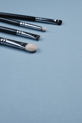 brushes for make-up or drawing on a blue background. copy space for text. top view