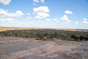 landscape with a rock surface and African grass at black with trees and blue skies with clouds out of focus with grain