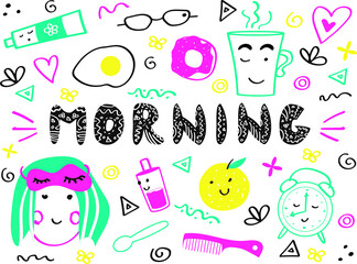 Good morning doodle set. Cartoon girl with pink eye mask and breakfast: cup of coffee, alarm clock, orange and fried egg. Vector illustration 