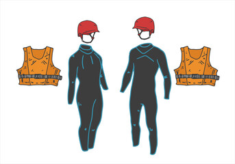 Life jacket, helmet and wet suit. Extreme safety equipment for sea or water sports. Isolated set on a flat background