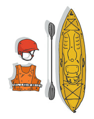 Kayak sport elements on flat background. Isolated objects. Maritime sports. Helmet, life jacket, board and paddle.