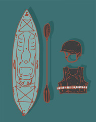 Kayak sport elements on flat background. Isolated objects. Maritime sports. Helmet, life jacket, board and paddle.