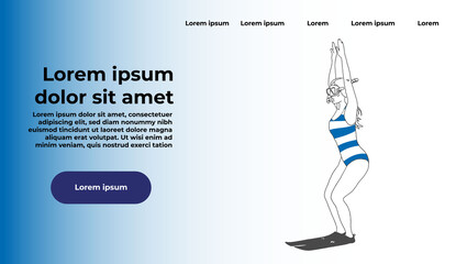 Website template of woman jumping into the water. Bathing in a swimsuit with diving fins and diving goggles. Summer, pool, beach.