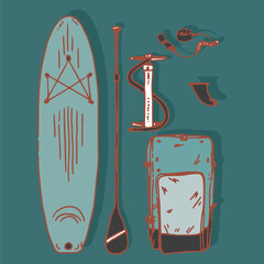 Sports elements for paddle surf on flat background. Isolated objects. Maritime sports. Helmet, life jacket, board, flippers, paddle and board.