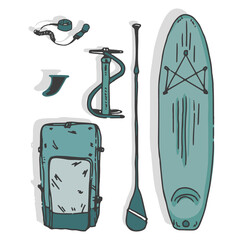 Sports elements for paddle surf on flat background. Isolated objects. Maritime sports. Helmet, life jacket, board, flippers, paddle and board.