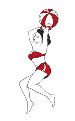 girl with a beach ball and dressed in red clothes. Summery style with shorts and swimsuit. Vintage style