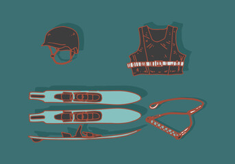 Wake sport elements on flat background. Isolated objects. Maritime sports. Helmet, life jacket, wakeboard.