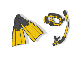 snorkeling elements on flat background. Isolated objects. Be sports. Fins, diving goggles and snorkel.