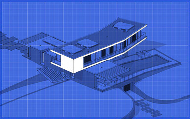 3d rendering of modern cozy house on the hill with garage and pool for sale or rent.  Black line sketch with soft light shadows and white spot on blueprint background.