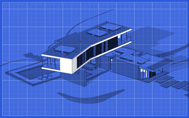 3d rendering of modern cozy house on the hill with garage and pool for sale or rent.  Black line sketch with soft light shadows and white spot on blueprint background.