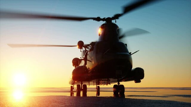 Military helicopter chinook, wonderfull sunset. Realistic animation GI.