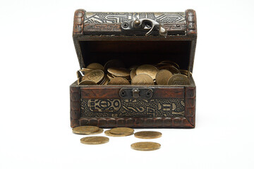 Chest with coins on a white background.