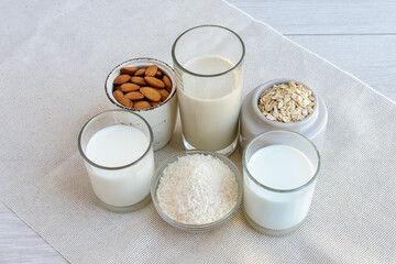 Glasses with different types of vegan milk with ingridients