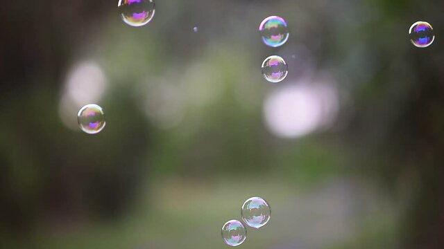 Many soap bubbles float in the air on a blurred background of green leaves 