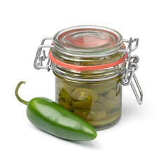 Jar with pickled green jalapeno peppers