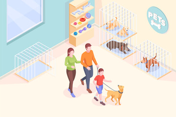 Pet adoption, family takes dog from shelter, vector isometric illustration. Family mother and father with son at animal shelter to adopt dog, pets adopting take home, rescue and help concept