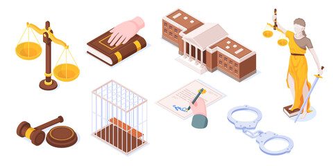 Law and justice isometric icons, legal court symbols of Themis and justice scales, judge gavel and law book. Courtroom and courthouse building, police handcuffs and verdict legislation document